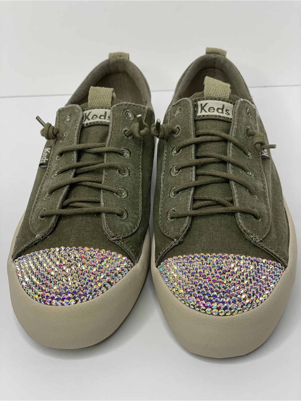 Women custom Olive Canvas Sneakers with Rhinestone